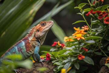 Fototapeta premium Captivating Wildlife Scene Featuring a Colorful Lizard in Its Natural Habitat Surrounded by Lush Vegetation and Vibrant Flora, Showcasing Nature's Beauty and Biodiversity