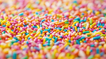 A surface densely covered with rainbow-colored sprinkles, filling every inch of the frame with tiny, sugary textures and bright, cheerful colors.