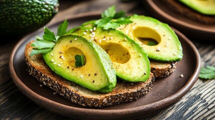 Avocado toast with a sprig of parsley on a brown plate.