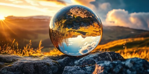A crystal ball photography shot where a landscape is reflected upside down inside a glass sphere