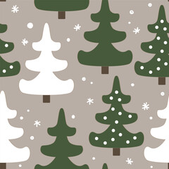 Simple abstract seamless pattern with cute fir trees and doodle snow. Christmas forest background, vector illustration.