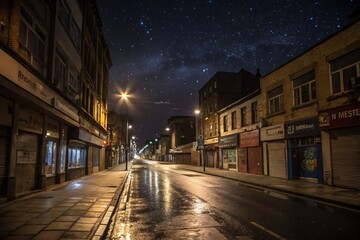 Capturing the Stillness of Quarantine Nights: A Serene Urban Landscape Under a Starry Sky with Closed Businesses and Dim Streetlights