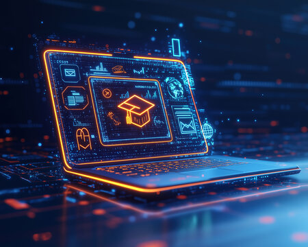 Online education, futuristic laptop with holographic graduation cap icon, digital learning, e-learning, internet education, knowledge, studying, webinar, online course, skill development, technology, 