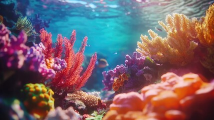 Obraz premium Immersive underwater view capturing a vibrant coral reef filled with striking colors. The photo emphasizes the beauty of marine life and offers ample copy space for text.