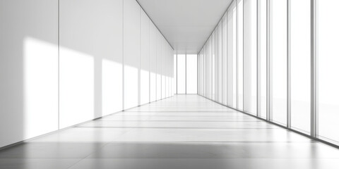Obraz premium Bright, minimalist hallway with floor-to-ceiling windows, casting soft natural light and shadows, creating an open and modern architectural space. 