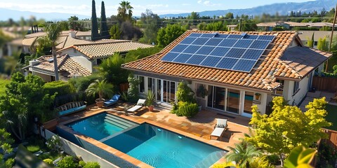 Solar panels on the roof of a house with a swimming pool.