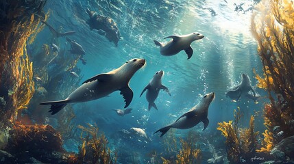 Obraz premium A pod of playful sea lions swim in a kelp forest, sunlight shining through the water above.