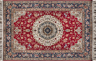 Persian Rug with Ornate Red and Beige Floral Medallion