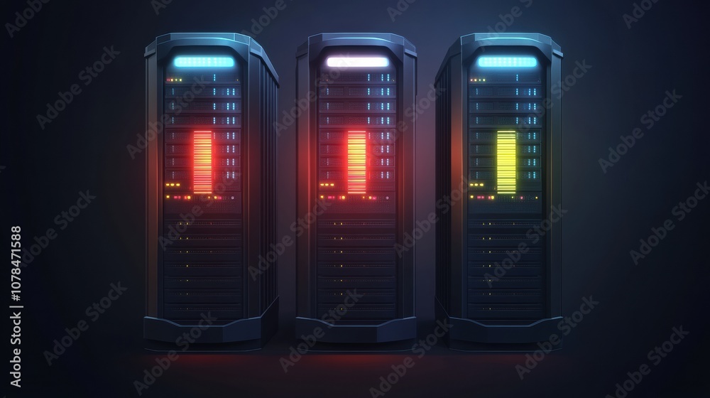 Fototapete three servers display blinking indicators, casting colorful lights in a dark data center environment