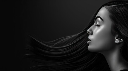 Fototapeta premium Elegant Profile of a Woman with Flowing Dark Hair Highlighted Against a Minimalist Black Background
