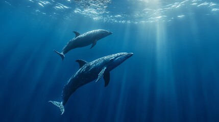 Naklejka premium Two dolphins swim in a clear blue ocean, with sunbeams streaming through the water.