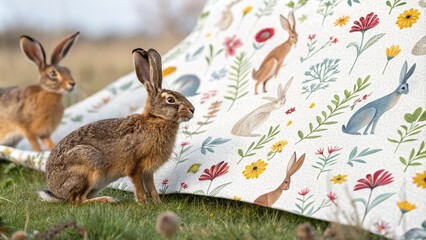 Fototapeta premium Charming Hares Pattern for Decorative Textiles and Invitations Featuring Playful Hares in a Whimsical Design Perfect for Posters and Covers in a Colorful and Elegant Style