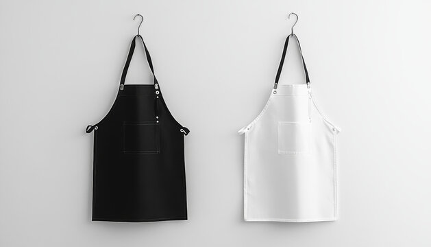 Minimalistic display of black and white aprons hanging on hooks against a neutral wall, highlighting modern kitchen or restaurant attire.
- Powered by Adobe