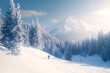 Obraz premium A serene winter landscape featuring a skier on a snow-covered slope surrounded by tall pine trees under a clear blue sky