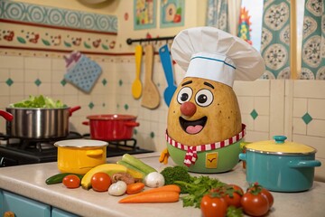 Charming Little Potato Man Chef in a Whimsical Kitchen, Mastering Culinary Delights with Humor and Creativity, Surrounded by Colorful Ingredients and Playful Kitchenware