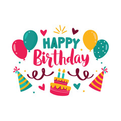 A birthday cake with a candle and a bunch of balloons. The balloons are in different colors and sizes