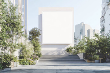 Large blank monument in an open city plaza surrounded by buildings and trees, ideal for mockup,...