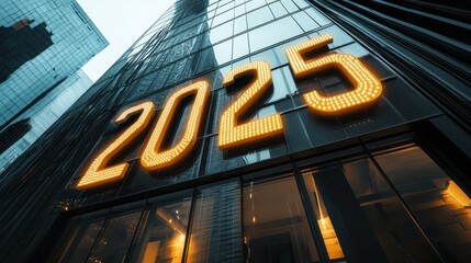 Fototapeta premium Modern High-Rise Building Facade with Bright Countdown Display for New Year 2025 in Urban Setting, Reflecting Glass and Contemporary Architecture