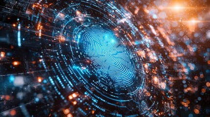 Obraz premium Explore the intricacies of a fingerprint scanner icon enhanced by a digital blue light overlay