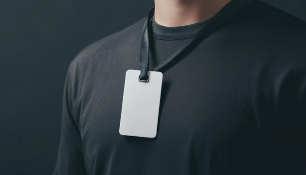 Close-up of a blank ID badge hanging on a black lanyard against a dark shirt, ideal for identification, event, or corporate themes.
