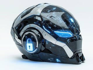 Fototapeta premium Explore the intriguing design of a futuristic ai robot head featuring a lock symbol