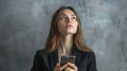 Fototapeta premium Businesswoman in a black suit stands confidently, engaged with her smartphone against a textured gray backdrop