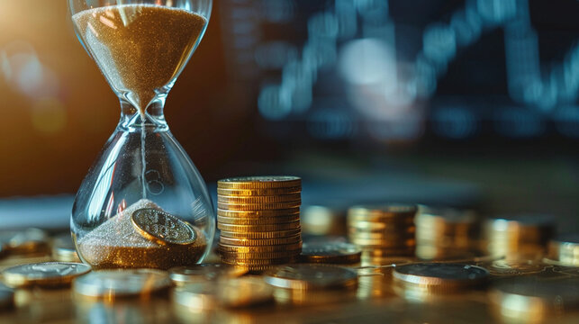 Hourglass with Falling Coins and Financial Context