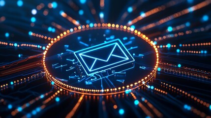 Fototapeta premium A digital illustration featuring a glowing email icon surrounded by dynamic lines and lights, representing communication and technology.