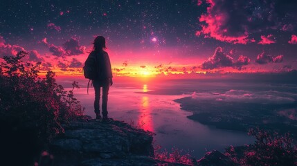 Fototapeta premium Witness the gentle twilight as stars and watercolor clouds illuminate the horizon