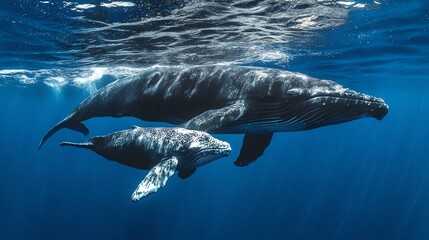 A humpback whale and her calf swim together in the ocean.