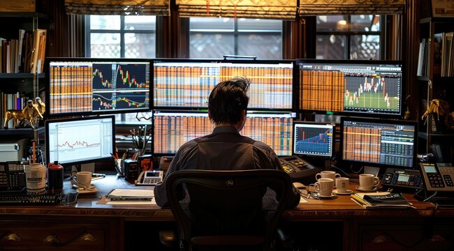 A man sits at a desk in front of multiple computer monitors displaying stock market data.