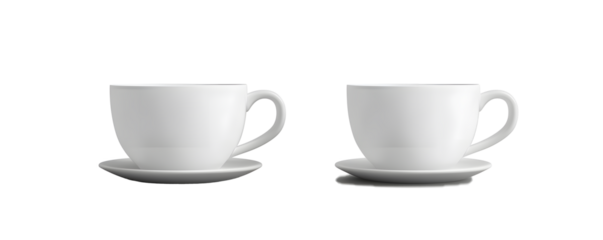 A side view of two empty white coffee cups, mugs, for hot drink concepts isolated against a transparent background