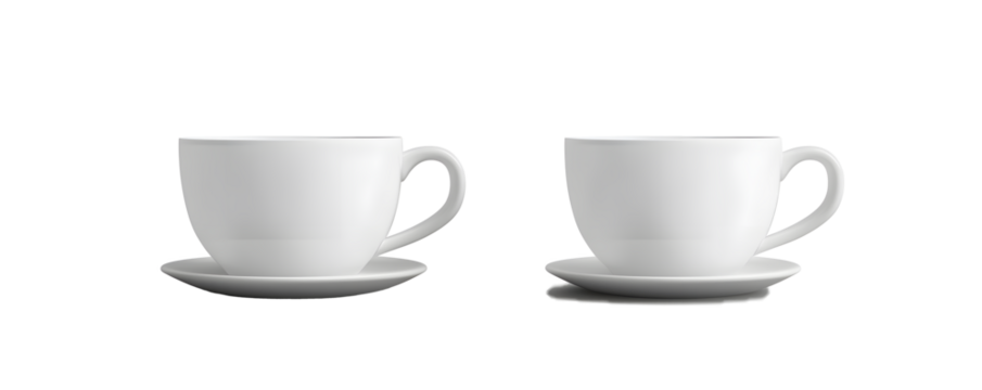 A side view of two empty white coffee cups, mugs, for hot drink concepts isolated against a transparent background