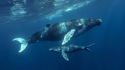 Fototapeta premium A humpback whale and her calf swim together in the ocean.