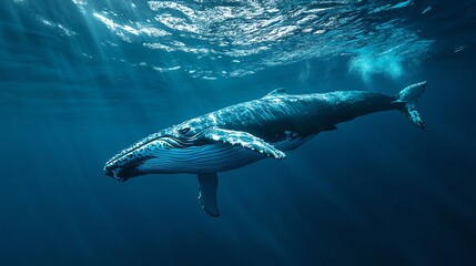 Fototapeta premium A humpback whale swims through a deep blue ocean.