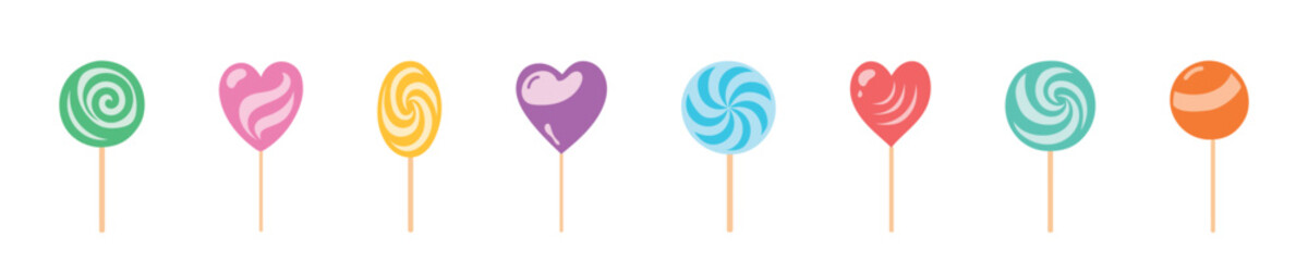 Set of colorful heart and swirl lollipops isolated on a white background. Concept of candy, sweet treats, dessert, confectionery. Design elements, illustrations for kids, and festive celebrations