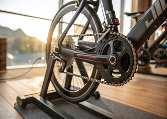 Close-Up Macro Photography of an Exercise Bike with Detailed Components and Textures, Capturing the Intricacies of Fitness Equipment for Health Enthusiasts and Home Gyms