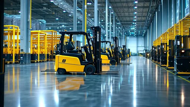 A row of forklifts parked inside a large open warehouse space, symbolizing logistics, industrial operations, heavy equipment, supply chain, and storage solutions. Perfect for content related to shipp