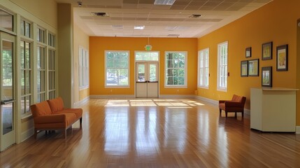 Fototapeta premium Spacious Room with Bright Yellow Walls and Hardwood Floors