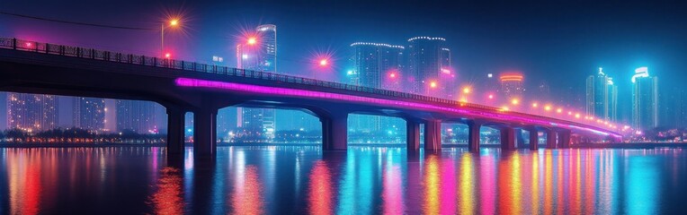 Obraz premium A bridge lit by neon lights crosses over a calm river, with a modern city skyline reflecting on the water.