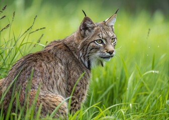 Obraz premium Closeup of a Bobcat Lynx with Wet Fur Sitting Gracefully in Lush Green Grass Amidst Nature's Beauty, Capturing the Essence of Wildlife Photography