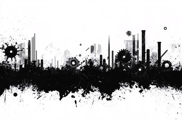 Obraz premium A mechanical cityscape made of black ink splatters with industrial gears and pipes against a white backdrop 