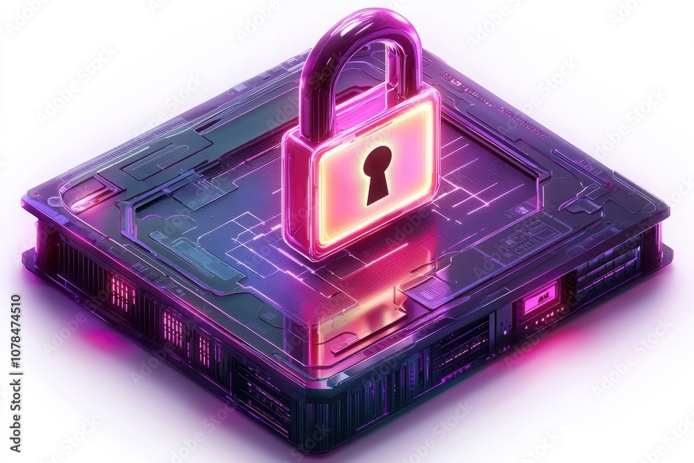 Poster visualize security holographic display of a secure server with glowing padlock icon enhances data pr
