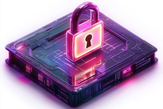 Visualize security holographic display of a secure server with glowing padlock icon enhances data protection