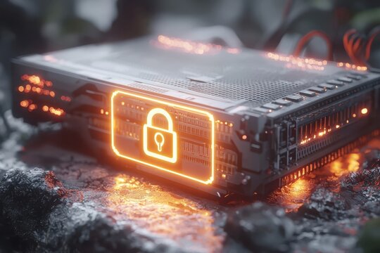 Explore the cutting-edge holographic display of a secure server featuring a glowing padlock icon