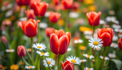 Fototapeta premium Beautiful spring garden with red tulips and daisies. Nature background with bright flowers and soft bokeh effect. Perfect for seasonal designs or gardening inspiration. AI