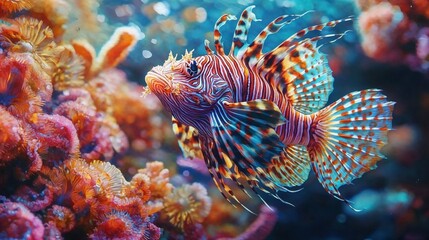 A vibrant lionfish with striking striped patterns and elaborate fins swims among colorful coral, creating a mesmerizing underwater scene full of vivid hues and marine beauty