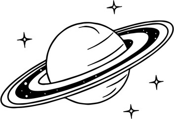 Illustration of Saturn Planet with Rings and Stars - Black and White Vector Icon © Samo.mhn