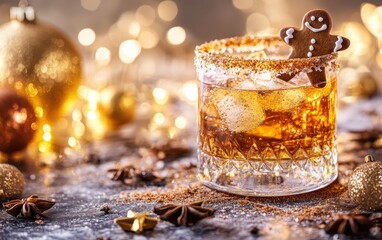 Sparkling Holiday Cocktail with Gingerbread Rim â€“ Sparkling cocktail garnished with a mini gingerbread cookie on the rim, festive holiday spices, and golden lights in the background 