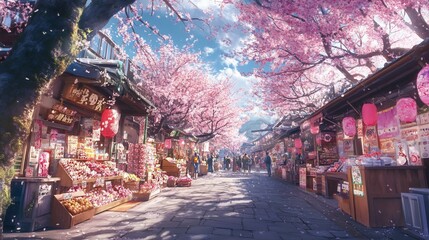 A bustling street lined with cherry blossom trees and traditional Japanese shops, filled with people enjoying the beautiful spring day.